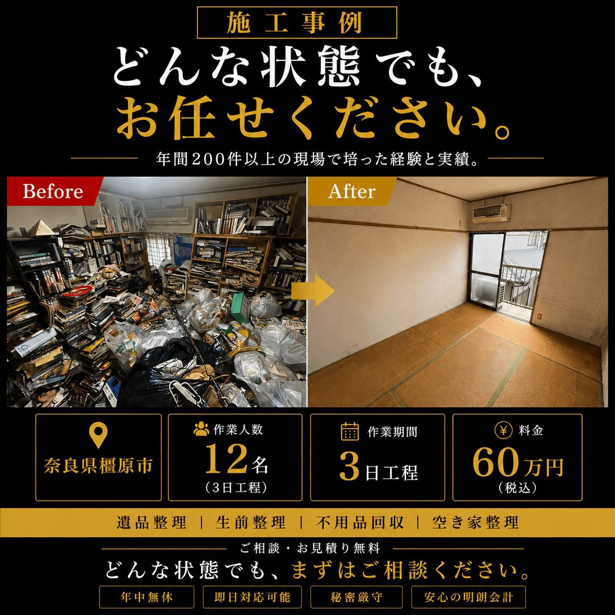 【奈良県橿原市｜施設入所に伴う残置物撤去・ごみ屋敷の片付け】