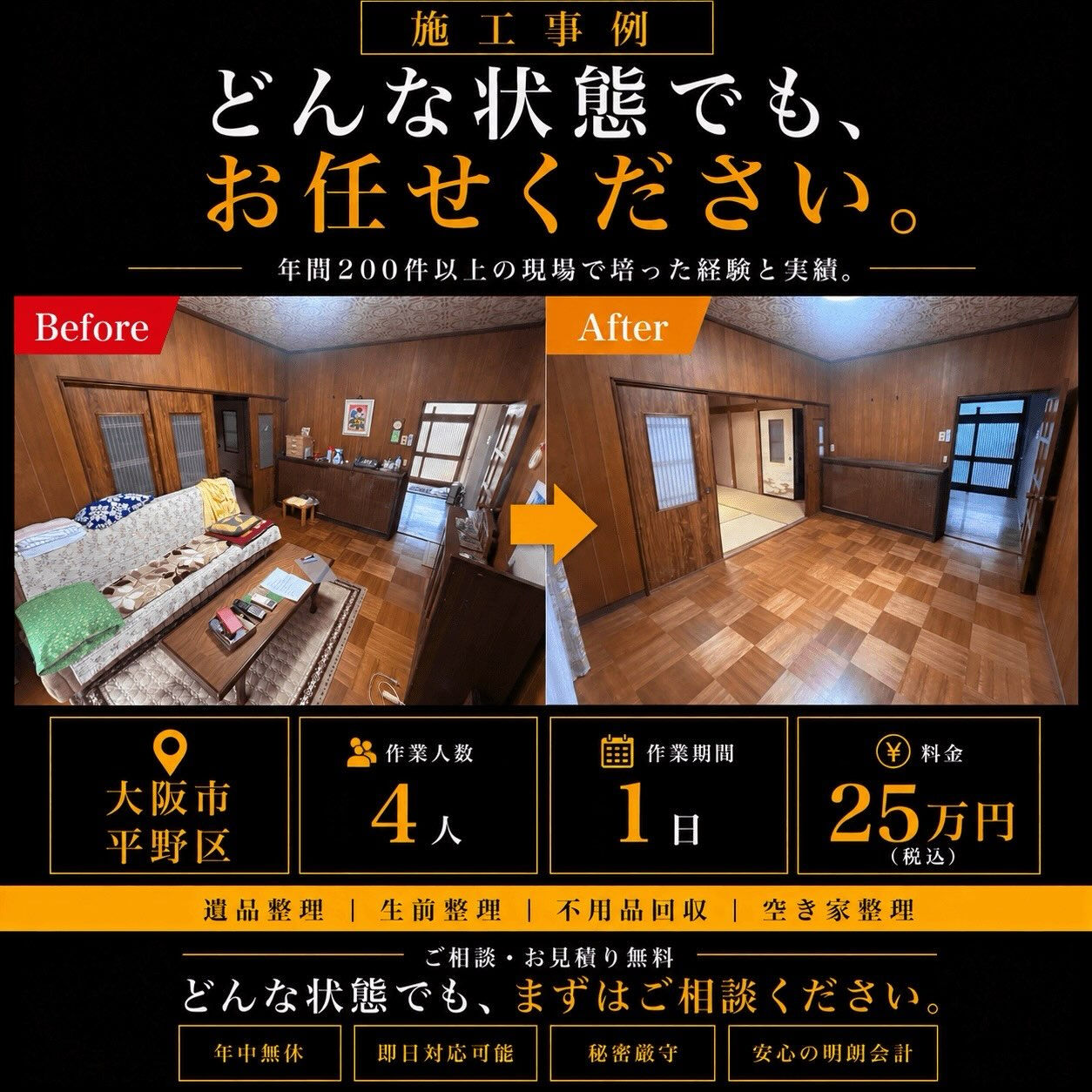 【大阪市平野区｜自宅売却に伴う残置物撤去】